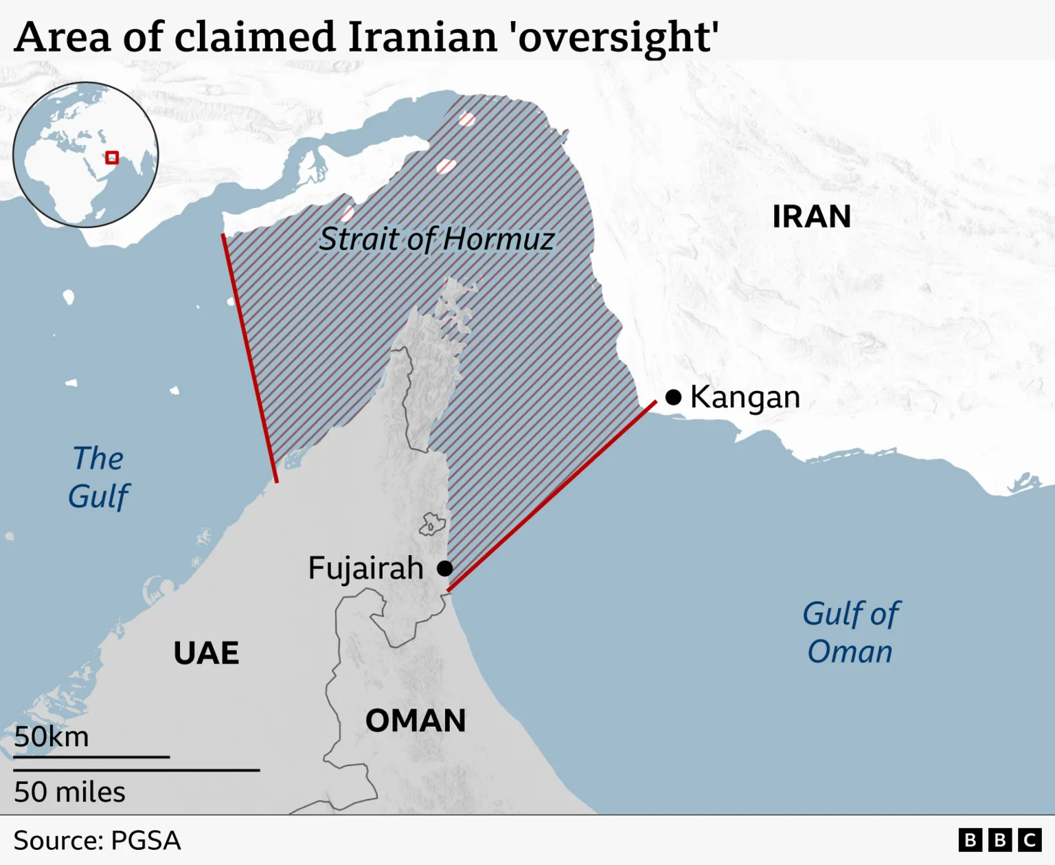 A map showing the area of claimed Iranian "oversight"