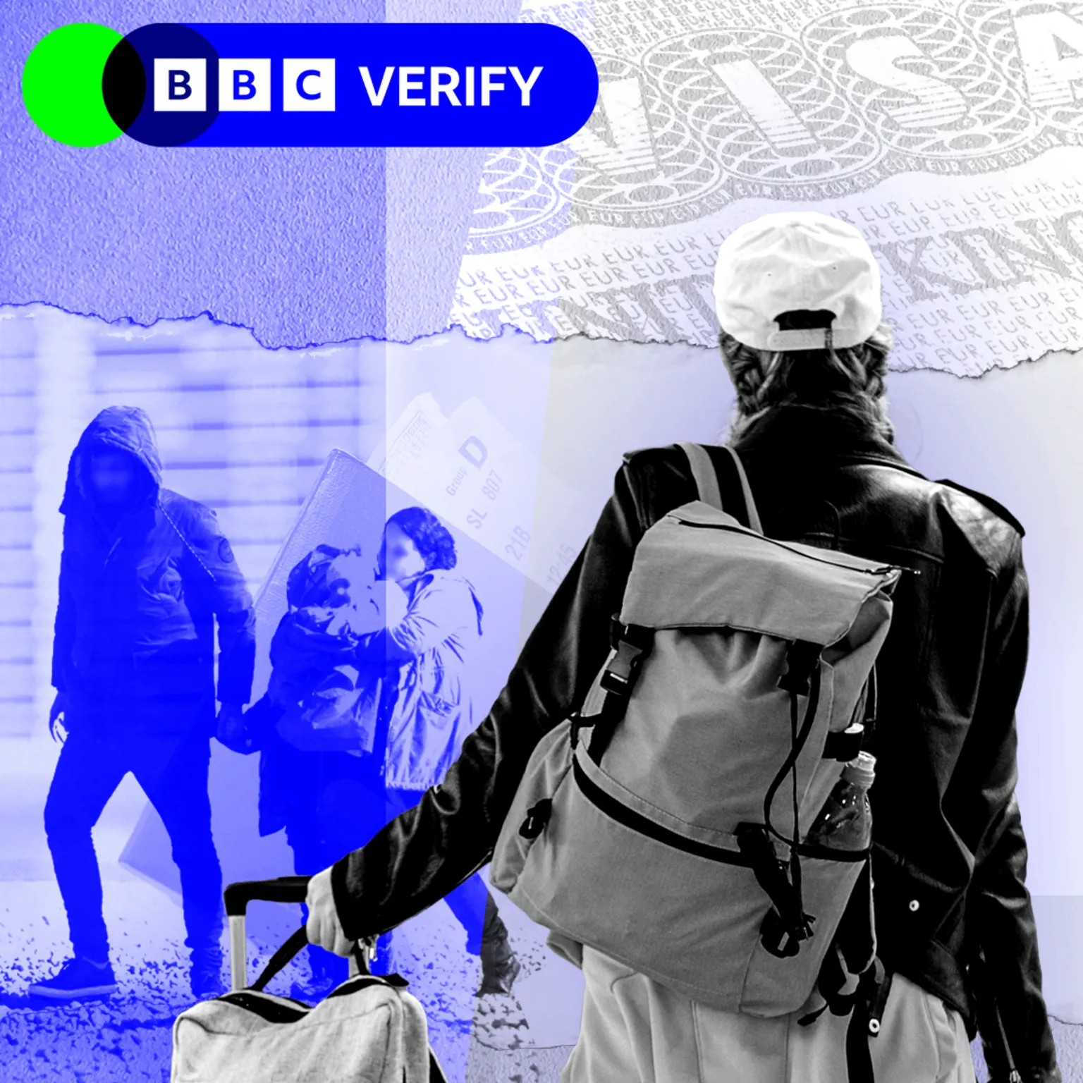 BBC A young person wearing a baseball cap and a backpack and carrying a suitcase stands in the middle of the image. To the left of the image is a migrant family of a man, woman and child on a beach, walking